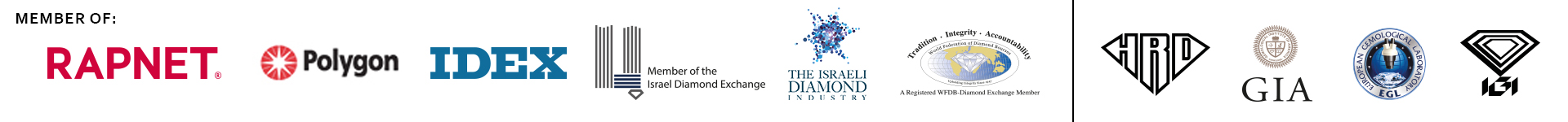 Members Of Logos: Rapnet, Polygon, IDEX, Israeli Diamond Exchange (IDE), Israeli Diamond Institute (IDI), World Federation of Diamond Bourses (WFDB), HRD, GIA, EGL, IGI