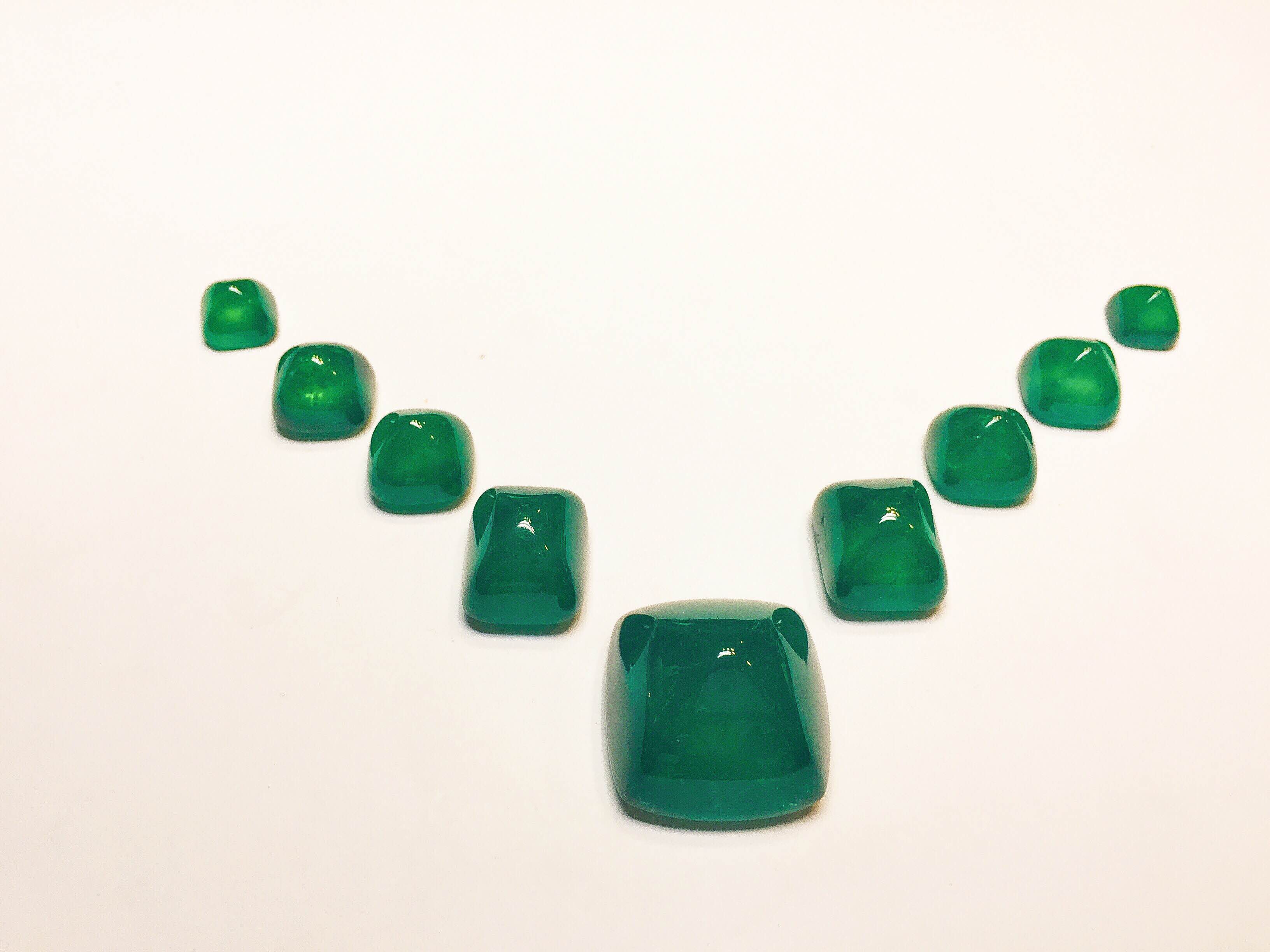One-of-a-Kind Set of 9 Sugarloaf Colombian Emeralds totaling 378ct
